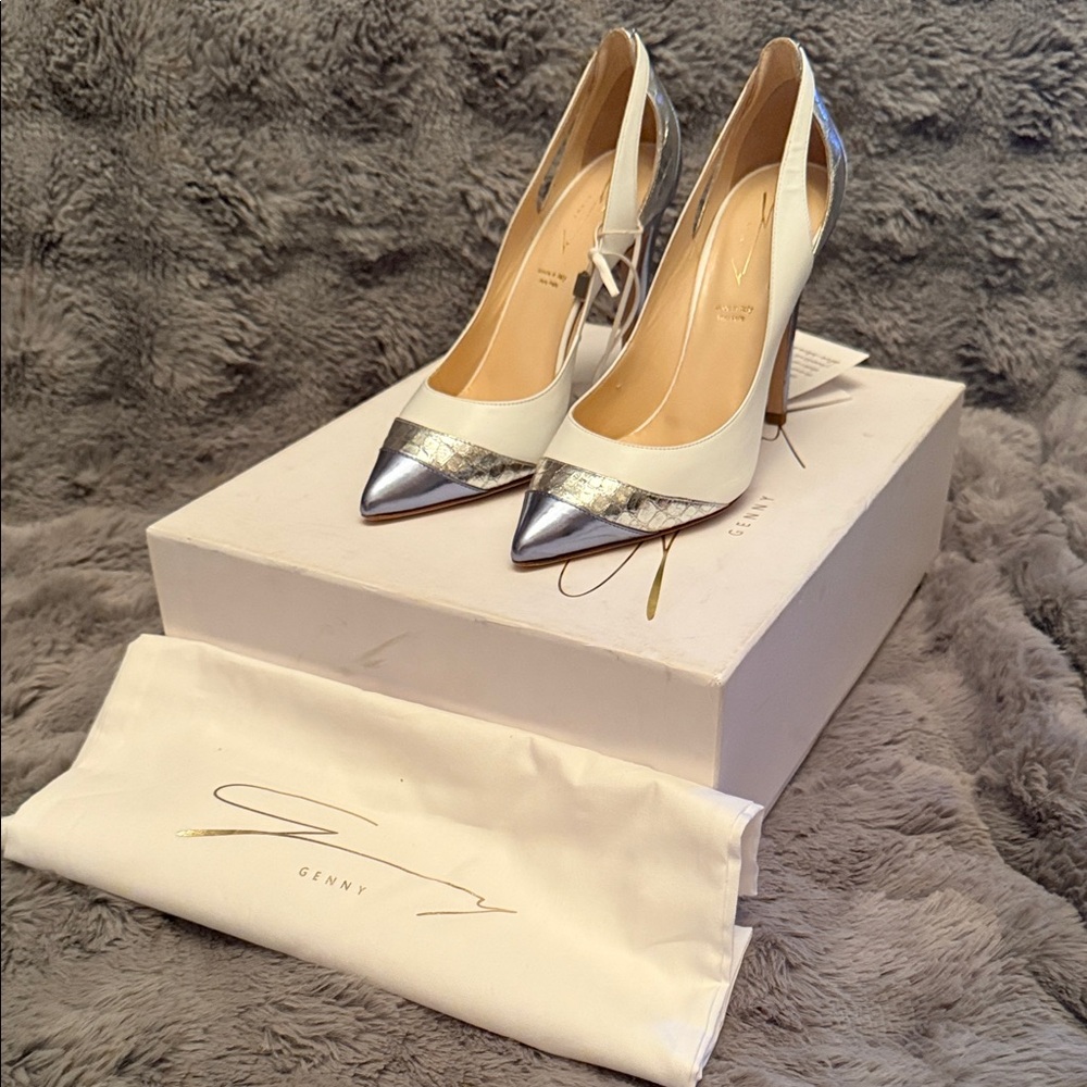 White and Silver Pointed Slingback Heels